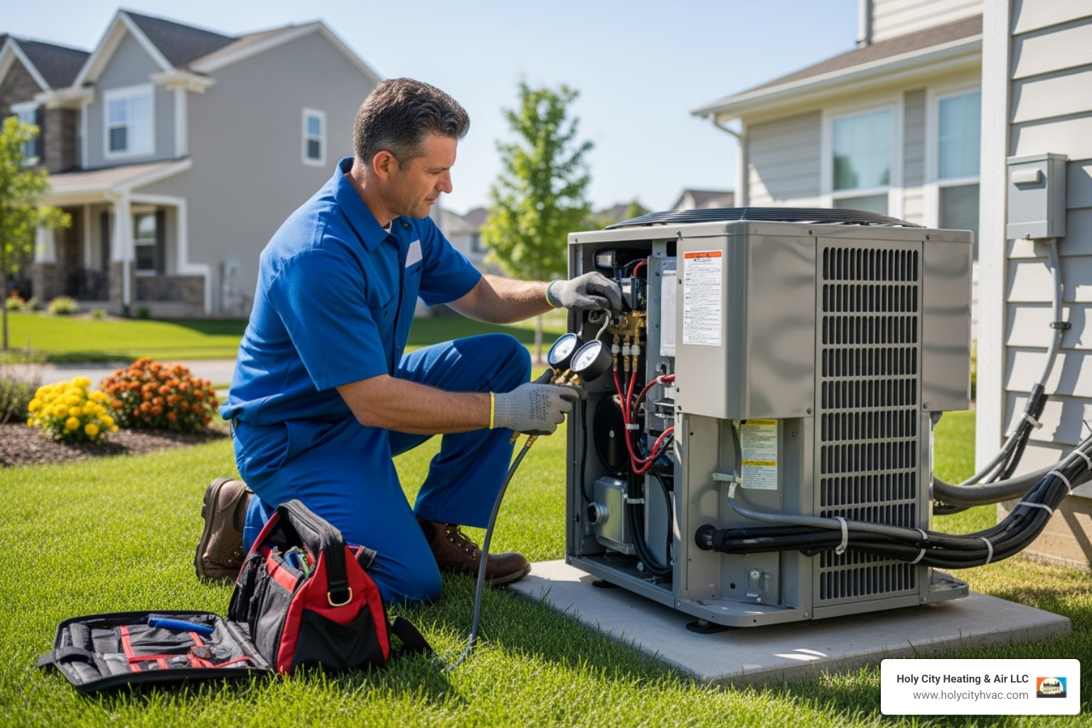 technician performing routine maintenance on a new AC unit - air conditioner replacement seabrook