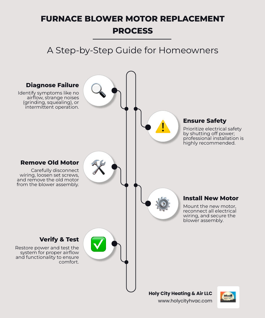 Step-by-step process showing furnace blower motor replacement from diagnosis through testing, including safety precautions, motor removal, installation of new motor, and system verification - furnace blower motor replacement infographic infographic-line-5-steps-neat_beige Step-by-step process showing furnace blower motor replacement from diagnosis through testing, including safety precautions, motor removal, installation of new motor, and system verification - furnace blower motor replacement infographic infographic-line-5-steps-neat_beige