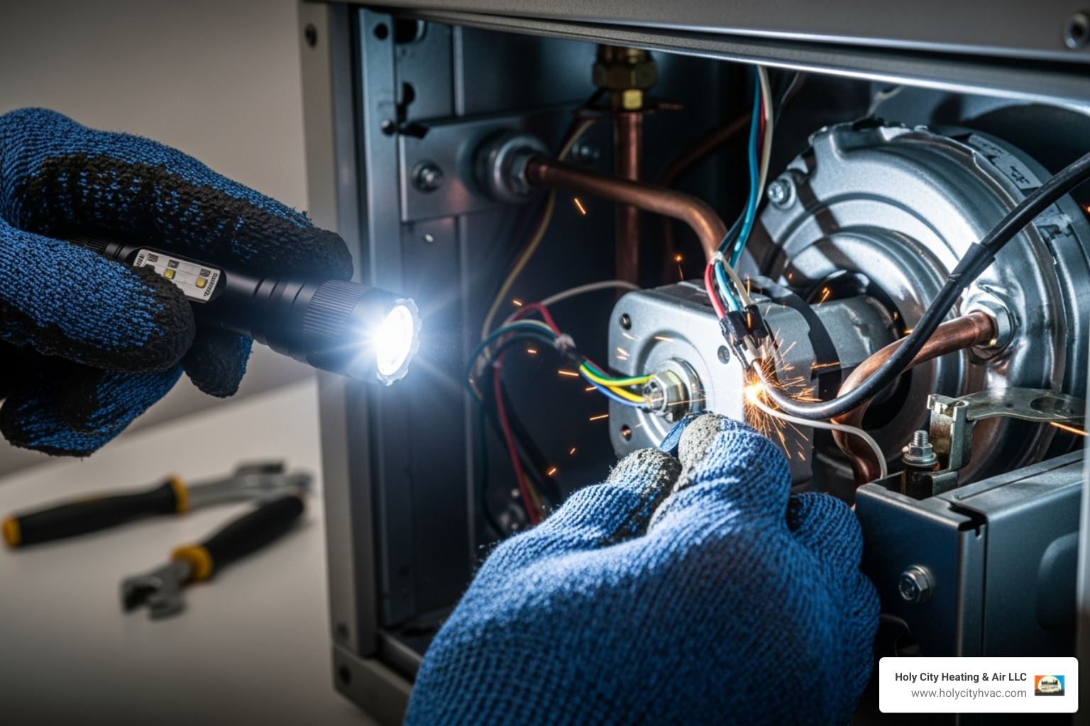 a technician's hands working on an internal furnace component with a flashlight - 24 7 hvac repair