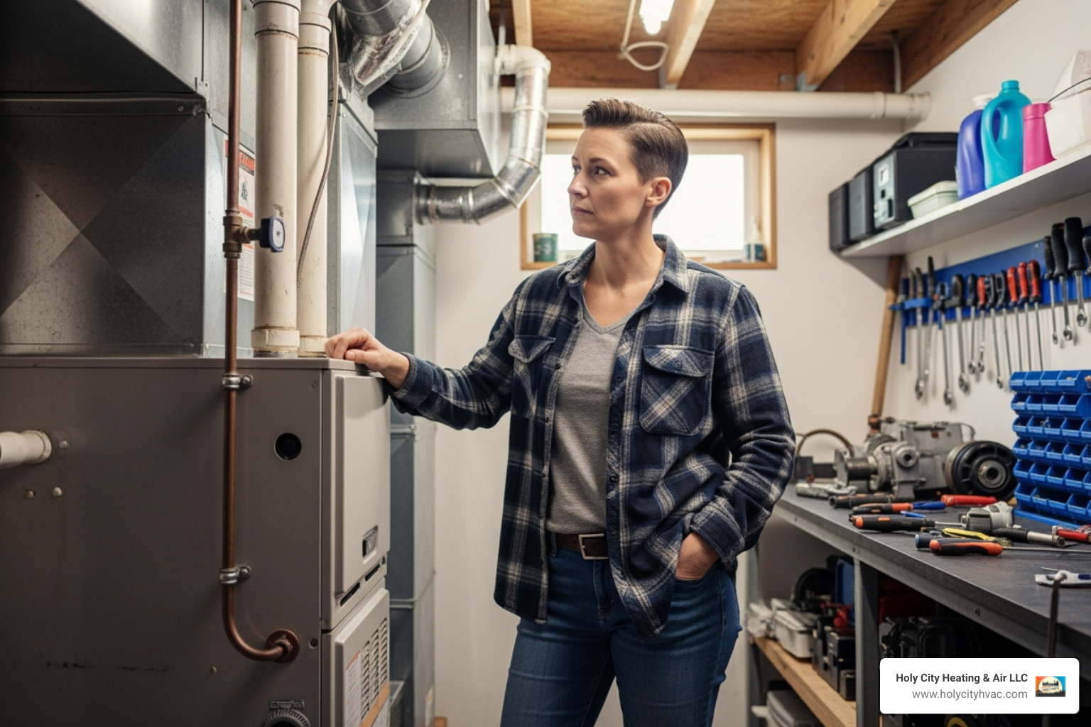 homeowner looking at an old furnace thoughtfully - how much does furnace repair cost homeowner looking at an old furnace thoughtfully - how much does furnace repair cost