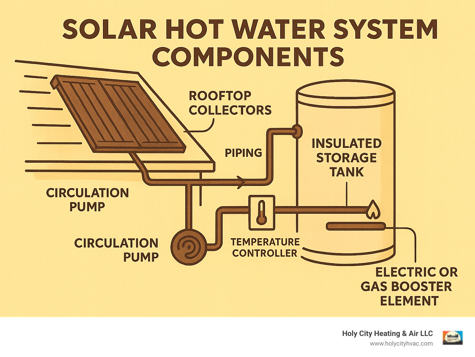 Infographic showing solar hot water system components including rooftop collectors, insulated storage tank, circulation pump, temperature controller, electric or gas booster element, and piping connections with labels for each major component - emergency solar hot water repairs infographic Infographic showing solar hot water system components including rooftop collectors, insulated storage tank, circulation pump, temperature controller, electric or gas booster element, and piping connections with labels for each major component - emergency solar hot water repairs infographic