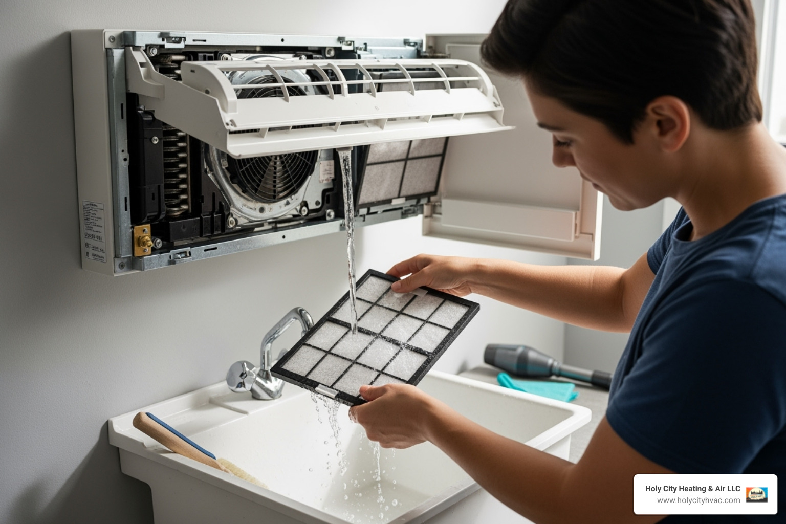 A homeowner cleaning the filter of an indoor ductless mini-split unit, highlighting regular maintenance - ductless heat pump installation A homeowner cleaning the filter of an indoor ductless mini-split unit, highlighting regular maintenance - ductless heat pump installation