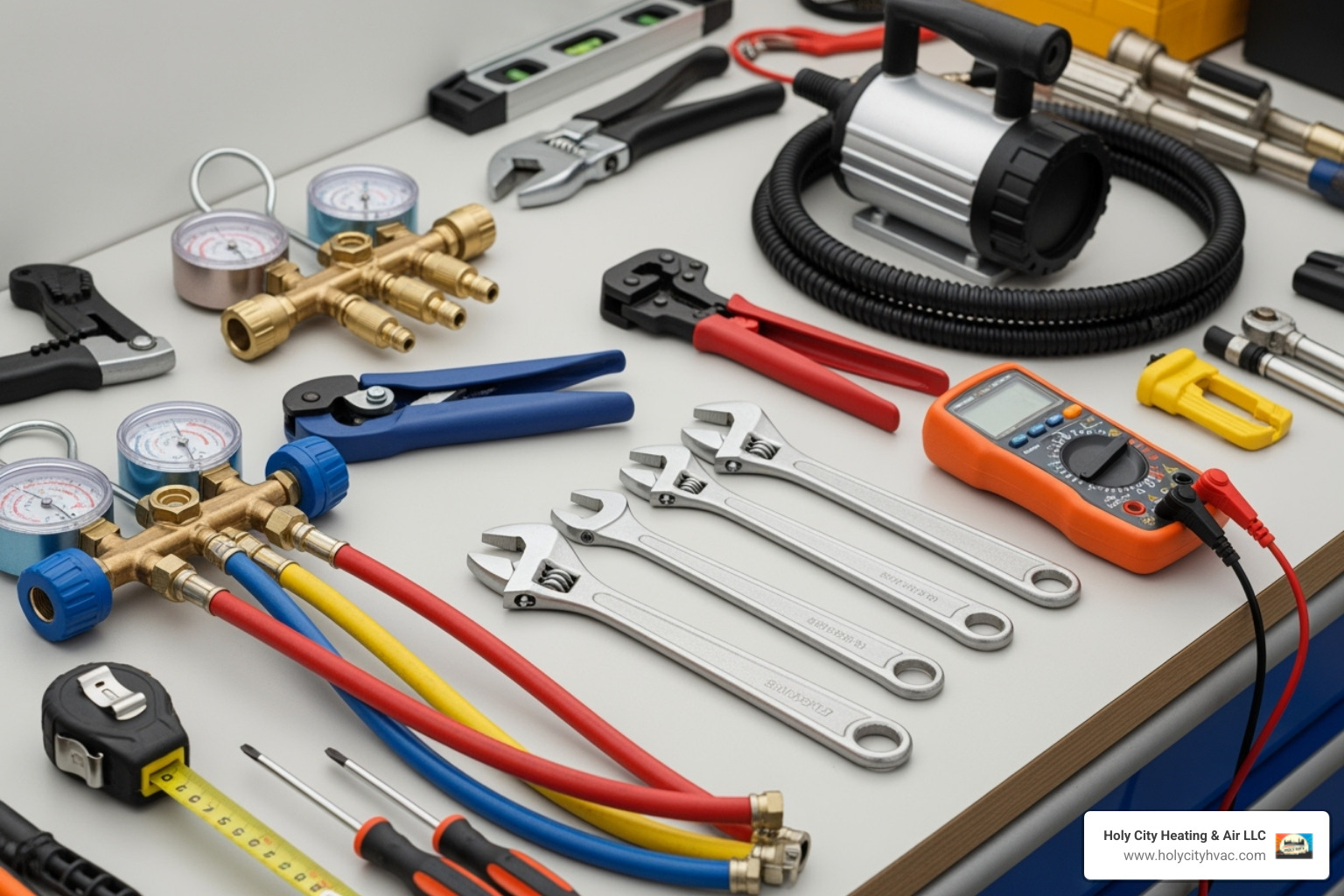 Tools required for ductless heat pump installation laid out neatly on a clean surface - ductless heat pump installation Tools required for ductless heat pump installation laid out neatly on a clean surface - ductless heat pump installation