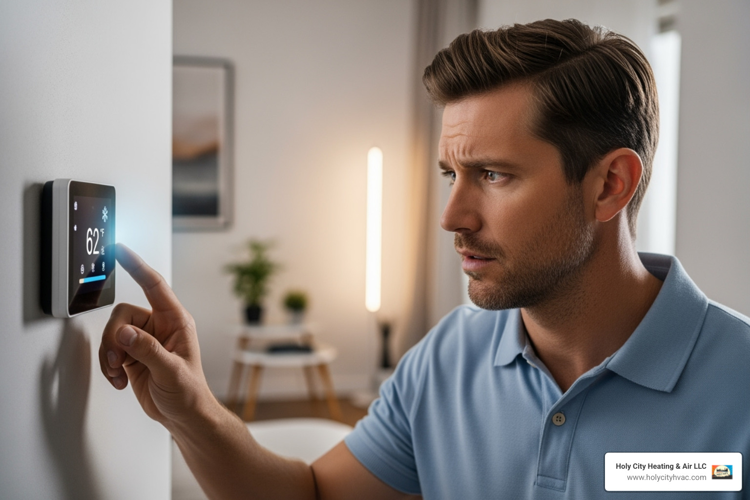 homeowner looking concerned at their thermostat - furnace repair charleston homeowner looking concerned at their thermostat - furnace repair charleston