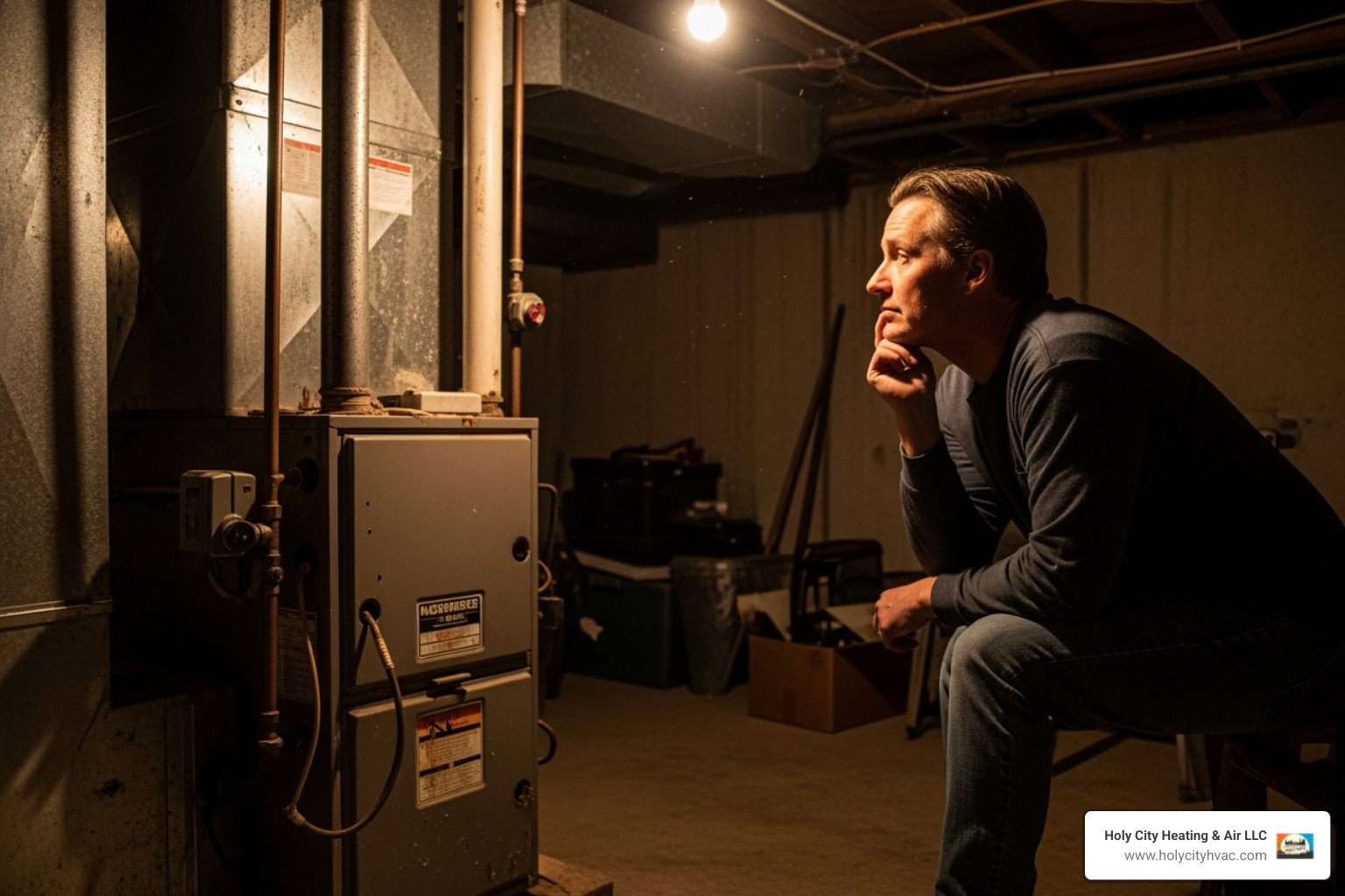 homeowner looking thoughtfully at older furnace - heating installation charleston homeowner looking thoughtfully at older furnace - heating installation charleston