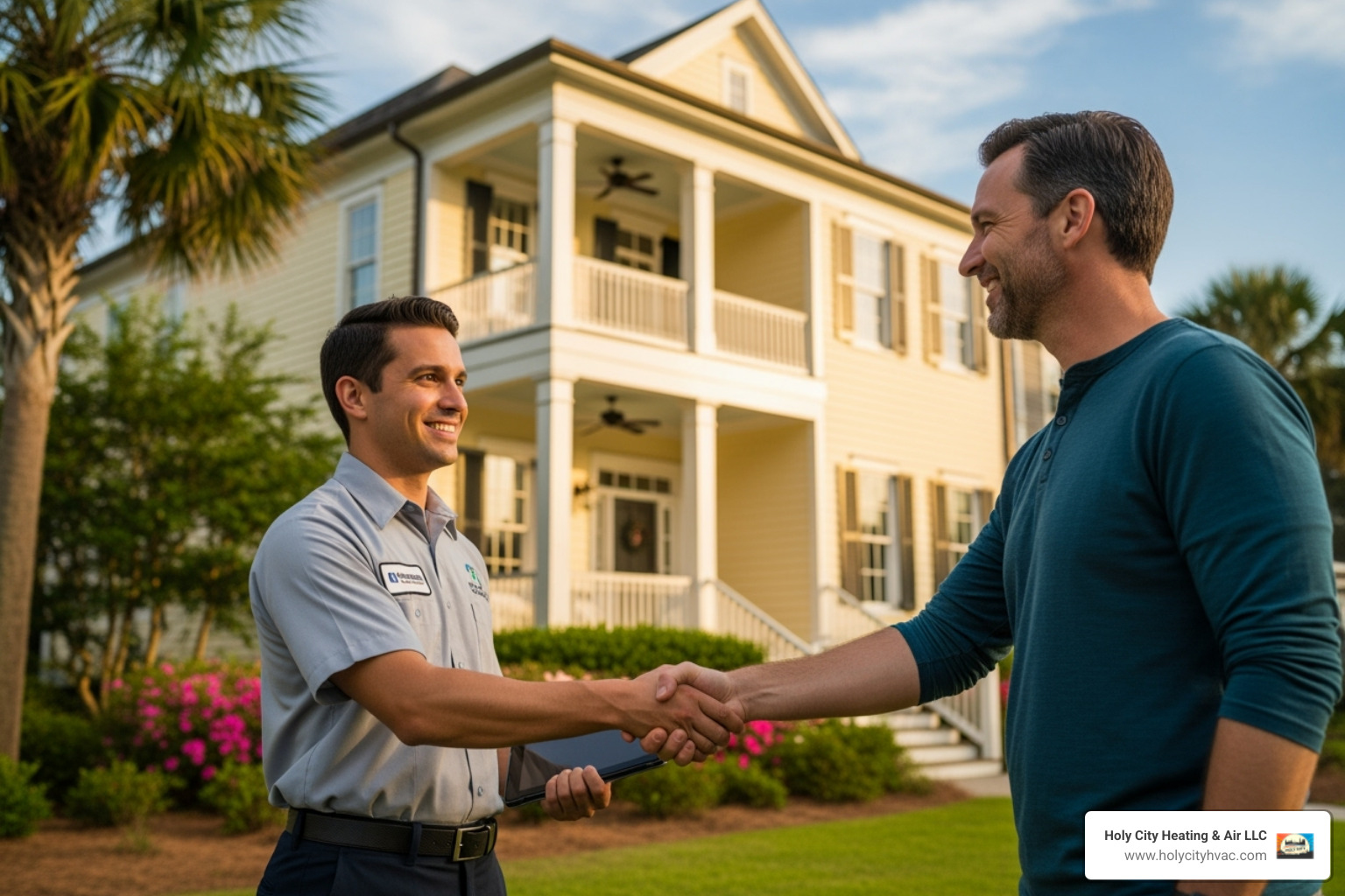 friendly technician shaking homeowner's hand in front of Charleston home - heating installation charleston friendly technician shaking homeowner's hand in front of Charleston home - heating installation charleston