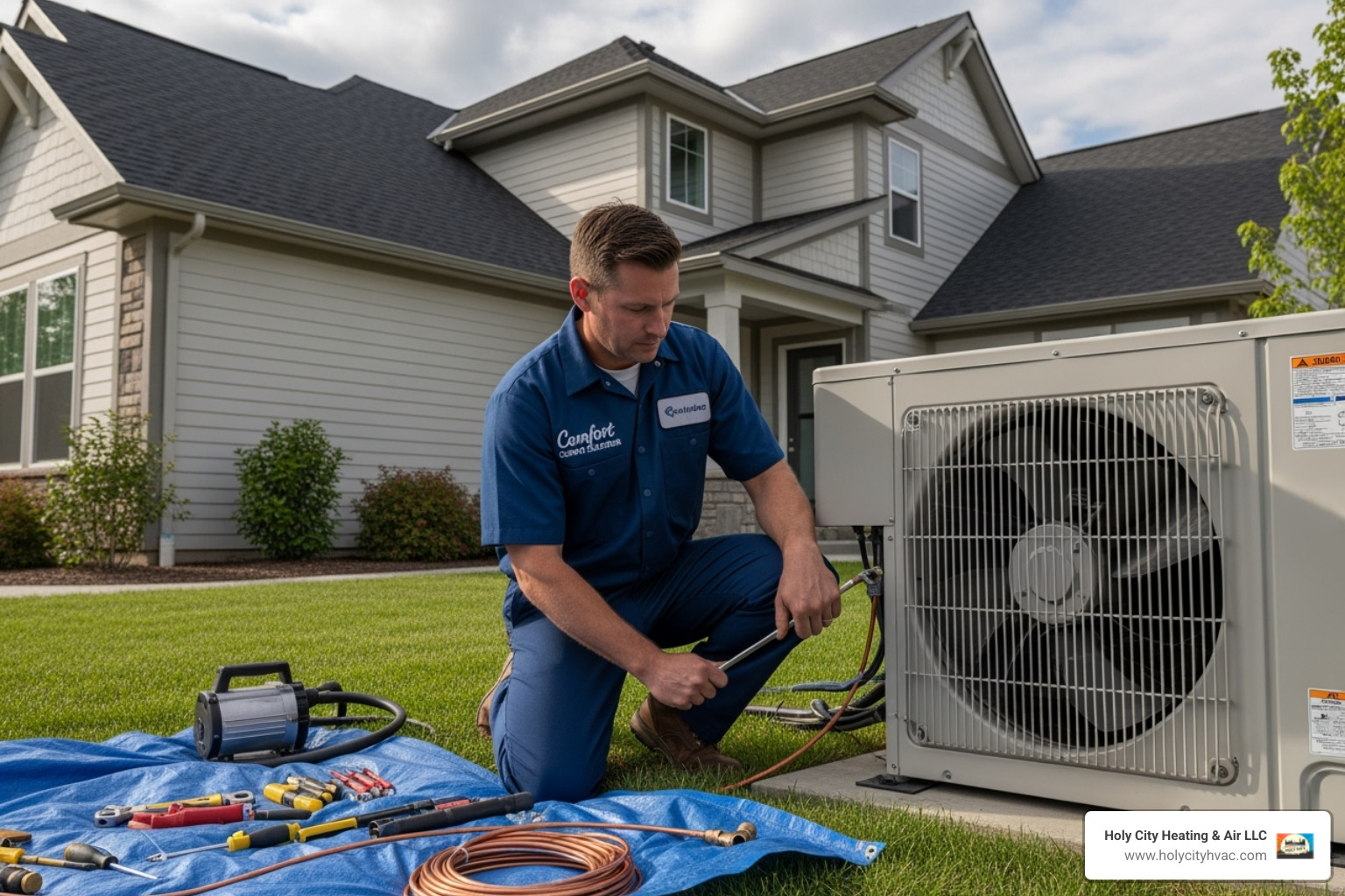 professional technician installing new heat pump - heating installation charleston professional technician installing new heat pump - heating installation charleston
