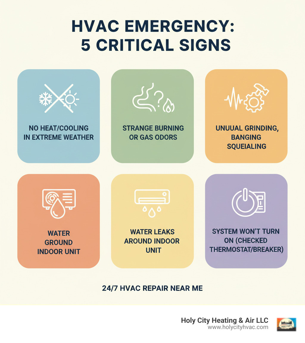infographic showing five critical signs of HVAC emergency: 1. No heat during freezing weather or no cooling during extreme heat, 2. Strange burning or gas odors coming from system, 3. Unusual grinding, banging, or squealing noises, 4. Water leaks around indoor unit, 5. System won't turn on despite checking thermostat and breaker - 24 7 hvac repair near me infographic infographic showing five critical signs of HVAC emergency: 1. No heat during freezing weather or no cooling during extreme heat, 2. Strange burning or gas odors coming from system, 3. Unusual grinding, banging, or squealing noises, 4. Water leaks around indoor unit, 5. System won't turn on despite checking thermostat and breaker - 24 7 hvac repair near me infographic