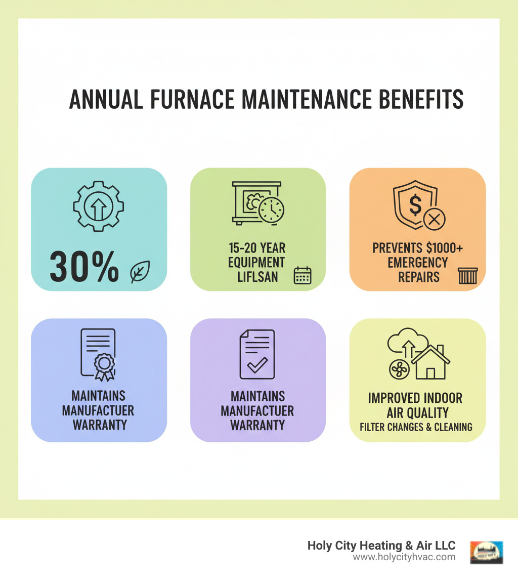 infographic showing annual furnace maintenance benefits including 30% potential efficiency improvement, 15-20 year equipment lifespan with proper care, prevention of $1,000+ emergency repairs, maintained manufacturer warranty validity, and improved indoor air quality with regular filter changes and system cleaning - cost to have furnace serviced infographic infographic showing annual furnace maintenance benefits including 30% potential efficiency improvement, 15-20 year equipment lifespan with proper care, prevention of $1,000+ emergency repairs, maintained manufacturer warranty validity, and improved indoor air quality with regular filter changes and system cleaning - cost to have furnace serviced infographic