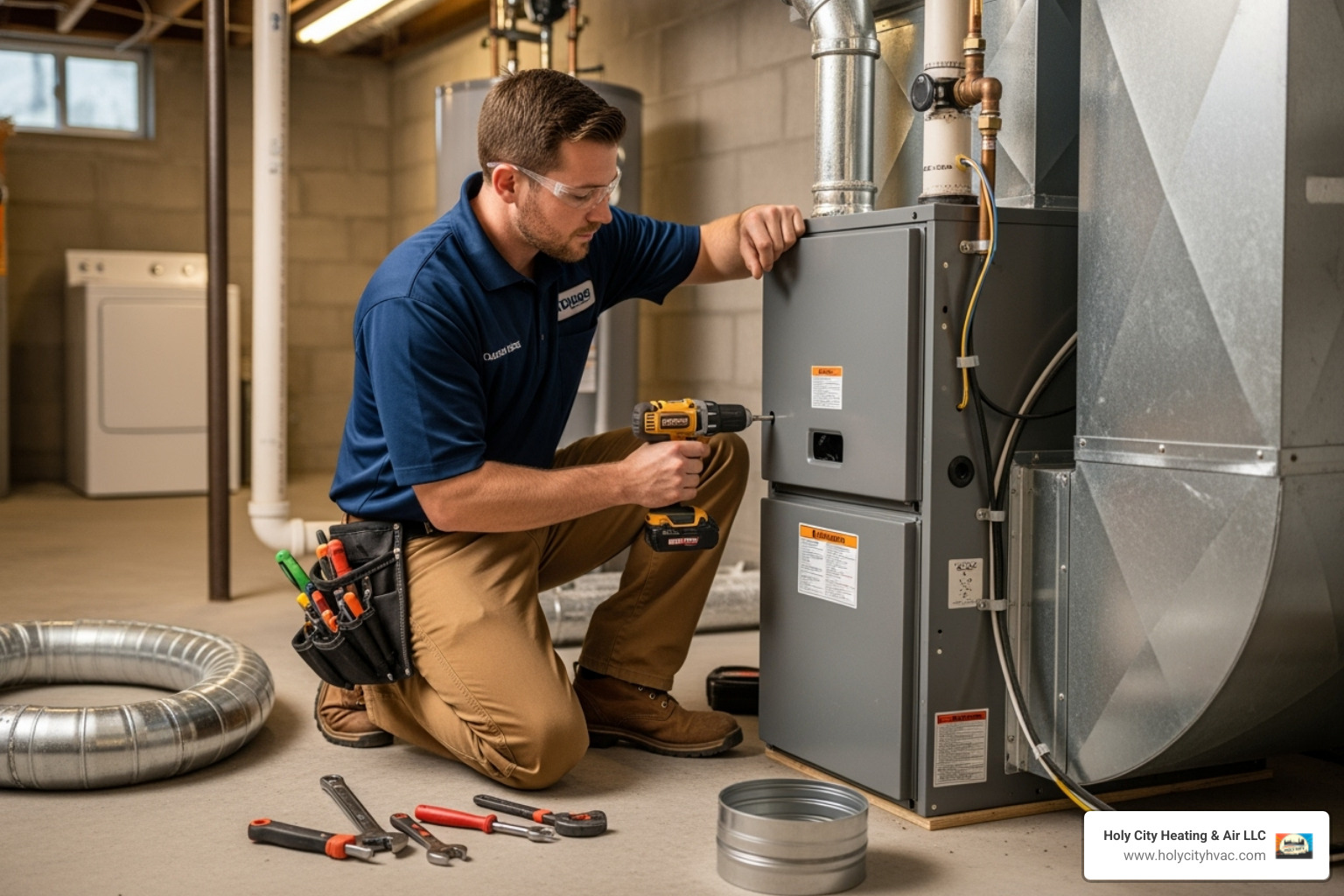 Professional HVAC technician working on a furnace installation - new furnace installation mt pleasant