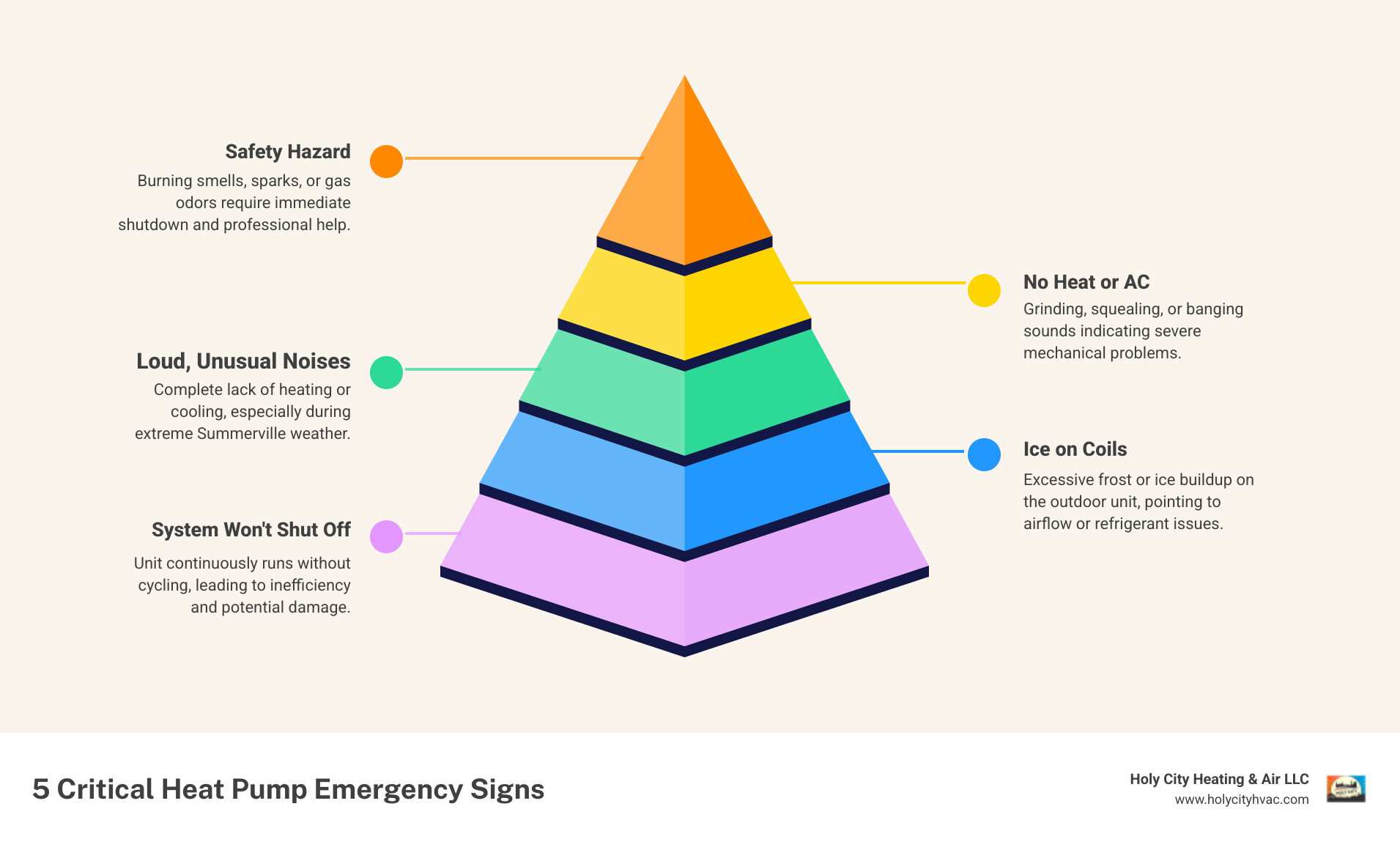 Infographic showing 7 emergency heat pump situations requiring immediate professional help: no power to unit, loud grinding or squealing noises, burning or electrical smells, ice formation on coils, system running non-stop, poor or no airflow, and water leaking inside the home - emergency heat pump repair summerville infographic pyramid-hierarchy-5-steps Infographic showing 7 emergency heat pump situations requiring immediate professional help: no power to unit, loud grinding or squealing noises, burning or electrical smells, ice formation on coils, system running non-stop, poor or no airflow, and water leaking inside the home - emergency heat pump repair summerville infographic pyramid-hierarchy-5-steps