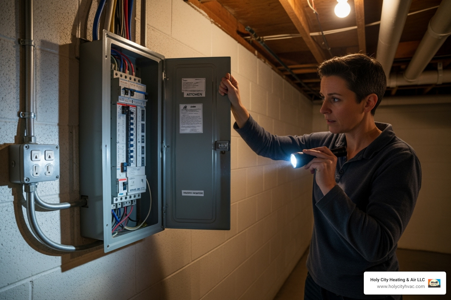 homeowner safely checking their circuit breaker panel - emergency heat pump repair summerville homeowner safely checking their circuit breaker panel - emergency heat pump repair summerville