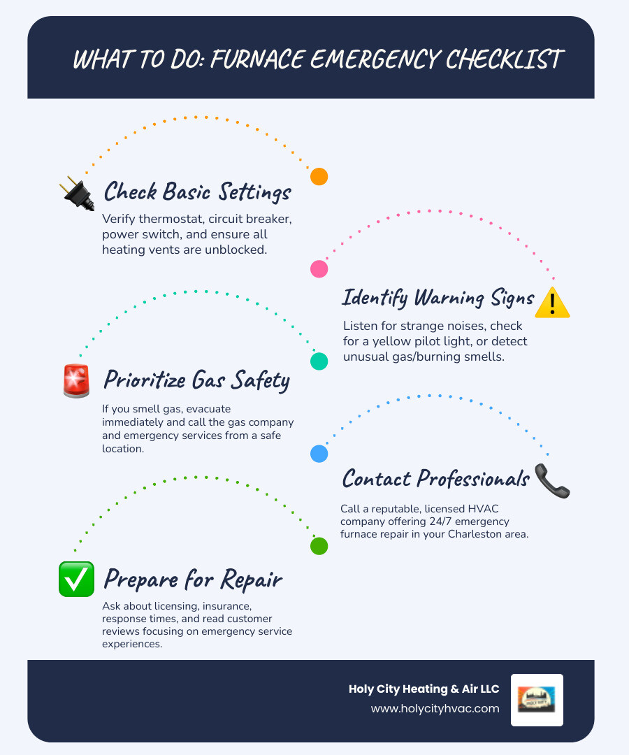 Infographic showing the steps to take when your furnace stops working: 1) Check thermostat and power, 2) Look for warning signs like strange noises or gas smells, 3) Call a licensed emergency HVAC technician, 4) Evacuate immediately if you smell gas - "My furnace isn't working. Who offers furnace emergency repair in Charleston? infographic infographic-line-5-steps-blues-accent_colors Infographic showing the steps to take when your furnace stops working: 1) Check thermostat and power, 2) Look for warning signs like strange noises or gas smells, 3) Call a licensed emergency HVAC technician, 4) Evacuate immediately if you smell gas - "My furnace isn't working. Who offers furnace emergency repair in Charleston? infographic infographic-line-5-steps-blues-accent_colors