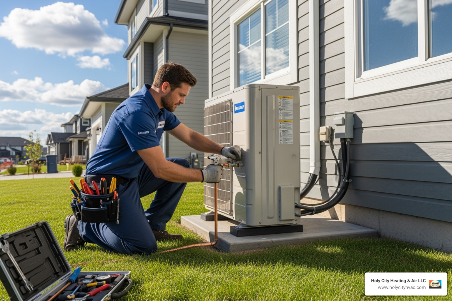 technician installing outdoor heat pump unit - professional heat pump install charleston