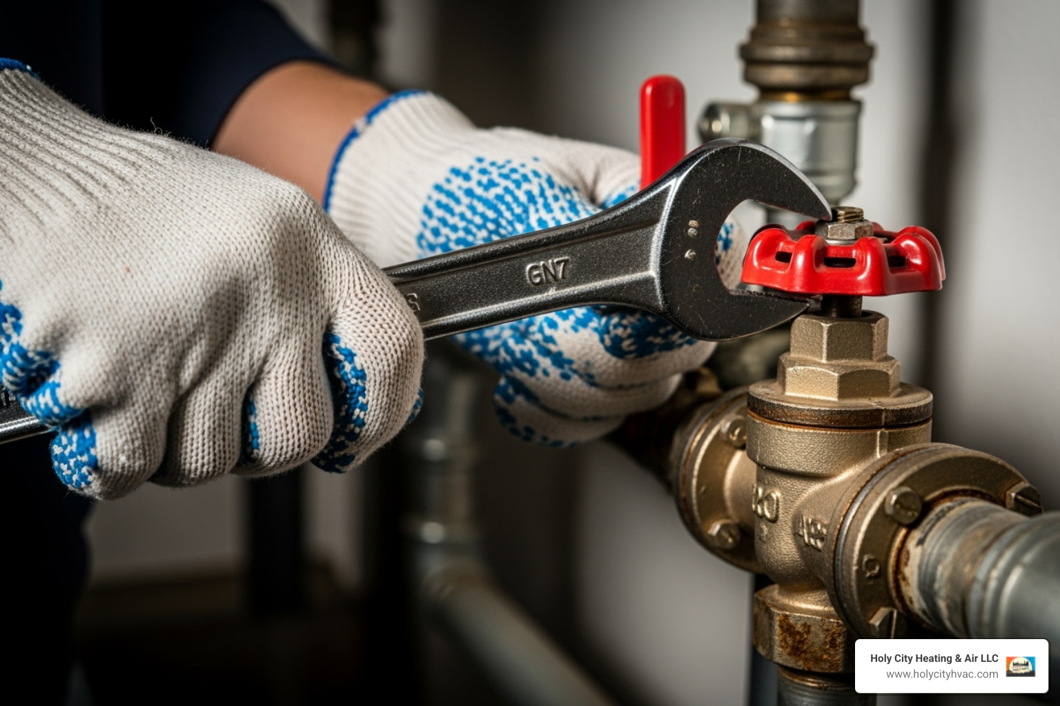 gas shut-off valve being turned with a wrench - gas hot water repairs gas shut-off valve being turned with a wrench - gas hot water repairs