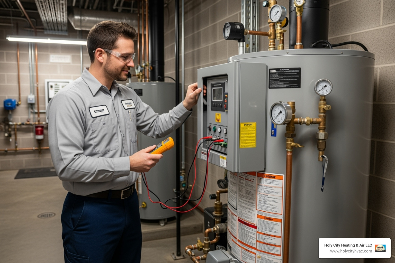 friendly, professional technician in a Holy City Heating & Air uniform inspecting a commercial water heater - gas hot water repairs friendly, professional technician in a Holy City Heating & Air uniform inspecting a commercial water heater - gas hot water repairs