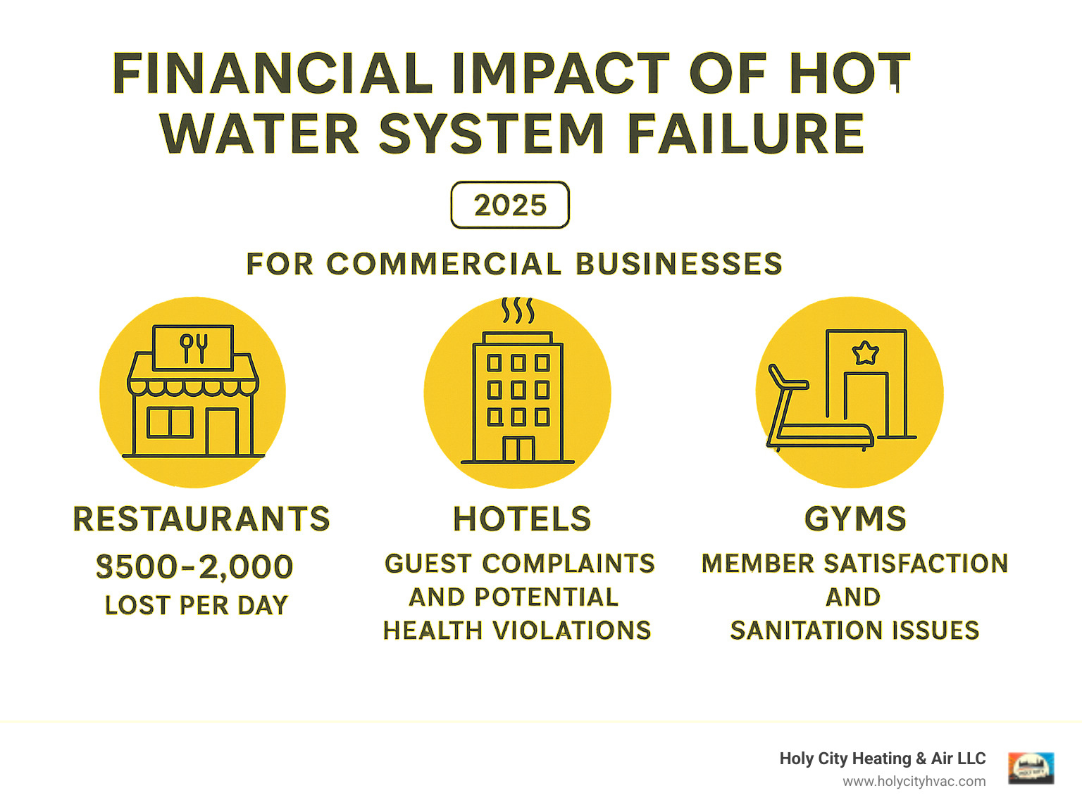 Infographic showing the financial impact of hot water system failure on different commercial businesses including restaurants losing $500-2000 per day, hotels facing guest complaints and potential health violations, and gyms losing member satisfaction and facing sanitation issues - gas hot water repairs infographic Infographic showing the financial impact of hot water system failure on different commercial businesses including restaurants losing $500-2000 per day, hotels facing guest complaints and potential health violations, and gyms losing member satisfaction and facing sanitation issues - gas hot water repairs infographic