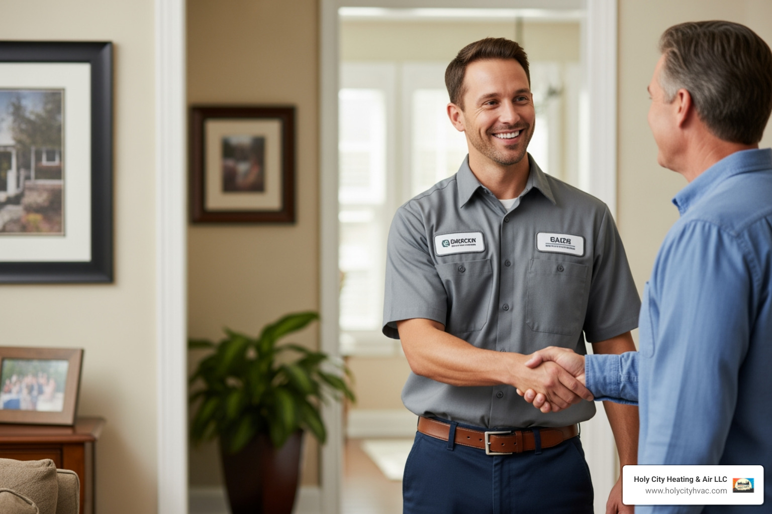 friendly technician shaking homeowner's hand - "I need a 24/7 furnace repair near me. I'm in the West Ashley area." friendly technician shaking homeowner's hand - "I need a 24/7 furnace repair near me. I'm in the West Ashley area."