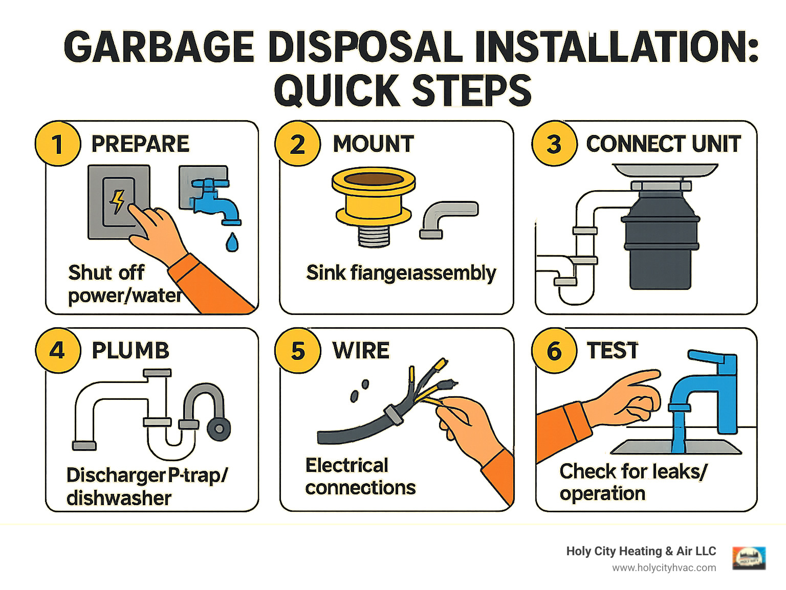 Infographic detailing the key steps for garbage disposal installation: 1. Prepare (shut off power/water), 2. Mount (sink flange/assembly), 3. Connect Unit (attach disposal), 4. Plumb (discharge/P-trap/dishwasher), 5. Wire (electrical connections), 6. Test (check for leaks/operation) - garbage disposal installation infographic Infographic detailing the key steps for garbage disposal installation: 1. Prepare (shut off power/water), 2. Mount (sink flange/assembly), 3. Connect Unit (attach disposal), 4. Plumb (discharge/P-trap/dishwasher), 5. Wire (electrical connections), 6. Test (check for leaks/operation) - garbage disposal installation infographic
