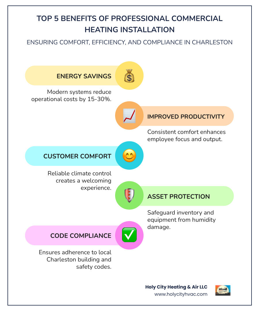 Infographic showing the top 5 benefits of professional commercial heating installation: 1) Energy savings of 15-30% with modern systems, 2) Improved employee productivity through consistent comfort, 3) Enhanced customer experience with reliable climate control, 4) Protection of inventory and equipment from humidity damage, 5) Compliance with local Charleston building codes and safety standards - commercial heating installation charleston infographic infographic-line-5-steps-colors Infographic showing the top 5 benefits of professional commercial heating installation: 1) Energy savings of 15-30% with modern systems, 2) Improved employee productivity through consistent comfort, 3) Enhanced customer experience with reliable climate control, 4) Protection of inventory and equipment from humidity damage, 5) Compliance with local Charleston building codes and safety standards - commercial heating installation charleston infographic infographic-line-5-steps-colors