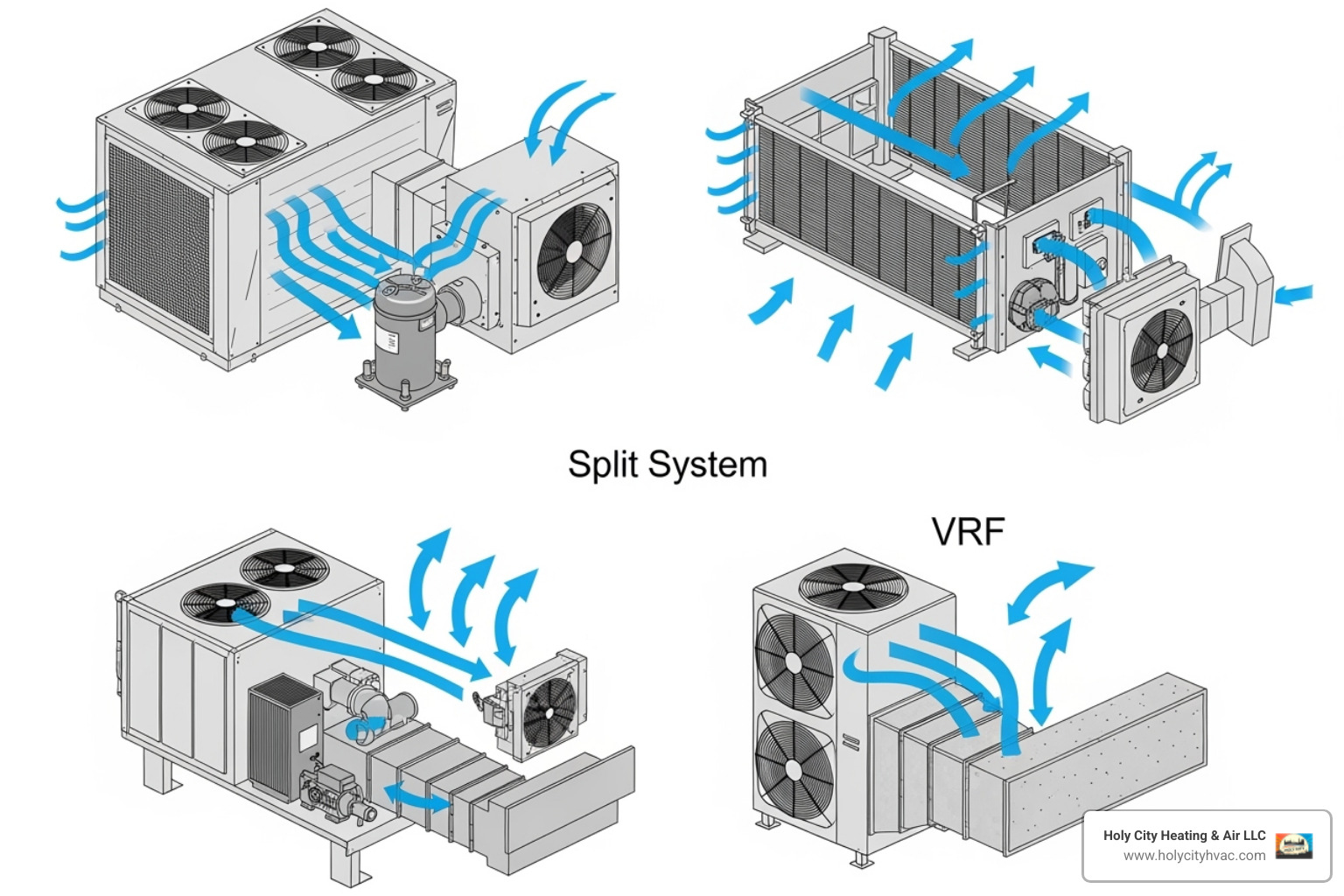 A diagram illustrating various types of commercial HVAC systems, including rooftop units, split systems, and VRF systems, with arrows showing airflow. - commercial heating installation charleston A diagram illustrating various types of commercial HVAC systems, including rooftop units, split systems, and VRF systems, with arrows showing airflow. - commercial heating installation charleston