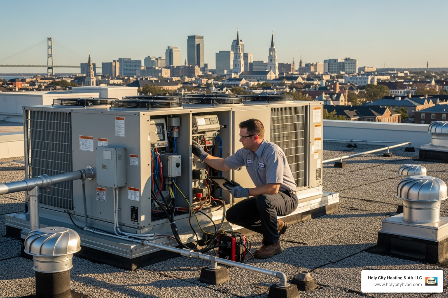 A professional HVAC technician inspecting a commercial rooftop unit with the Charleston skyline in the background. - commercial heating installation charleston A professional HVAC technician inspecting a commercial rooftop unit with the Charleston skyline in the background. - commercial heating installation charleston