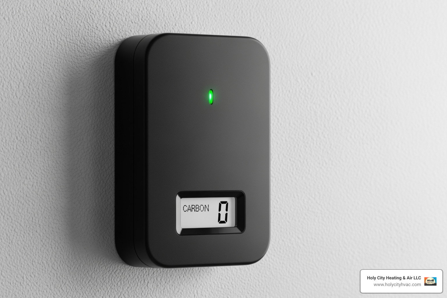 A black carbon monoxide detector mounted on a wall, with a digital display showing "0" and a green light indicating it's functioning properly. - furnace maintenance charleston A black carbon monoxide detector mounted on a wall, with a digital display showing "0" and a green light indicating it's functioning properly. - furnace maintenance charleston