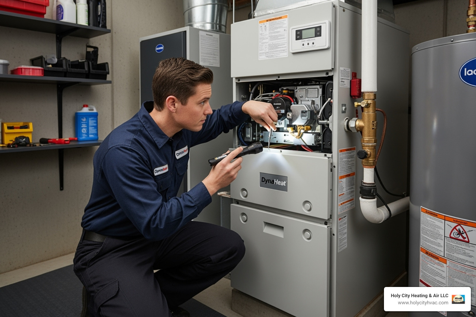 A professional HVAC technician meticulously inspecting a modern gas furnace in a utility room, highlighting the importance of expert care. - furnace maintenance charleston A professional HVAC technician meticulously inspecting a modern gas furnace in a utility room, highlighting the importance of expert care. - furnace maintenance charleston