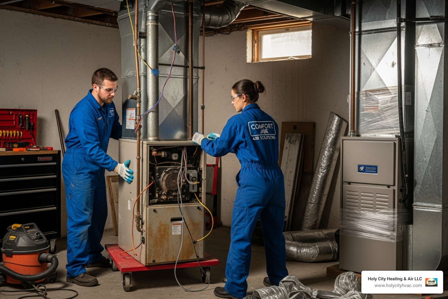 An old, worn-out furnace being carefully removed by two HVAC technicians, making way for a new, modern replacement unit. - furnace maintenance charleston An old, worn-out furnace being carefully removed by two HVAC technicians, making way for a new, modern replacement unit. - furnace maintenance charleston