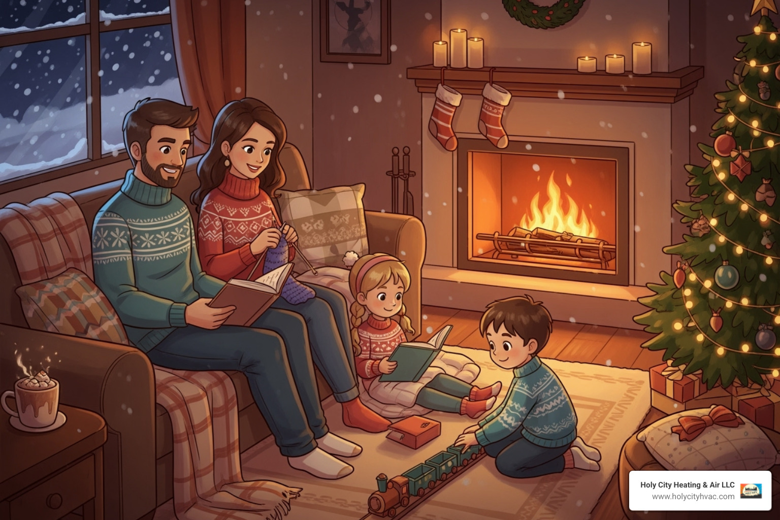 A happy family, including parents and two children, enjoying a warm and cozy living room during winter, with a fireplace glowing in the background. - furnace maintenance charleston A happy family, including parents and two children, enjoying a warm and cozy living room during winter, with a fireplace glowing in the background. - furnace maintenance charleston