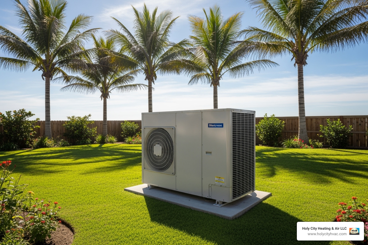 An outdoor heat pump unit situated in a sunny, green backyard with palm trees in the background, typical of a coastal South Carolina setting, highlighting the impact of local climate on HVAC systems. - heat pump repair summerville sc