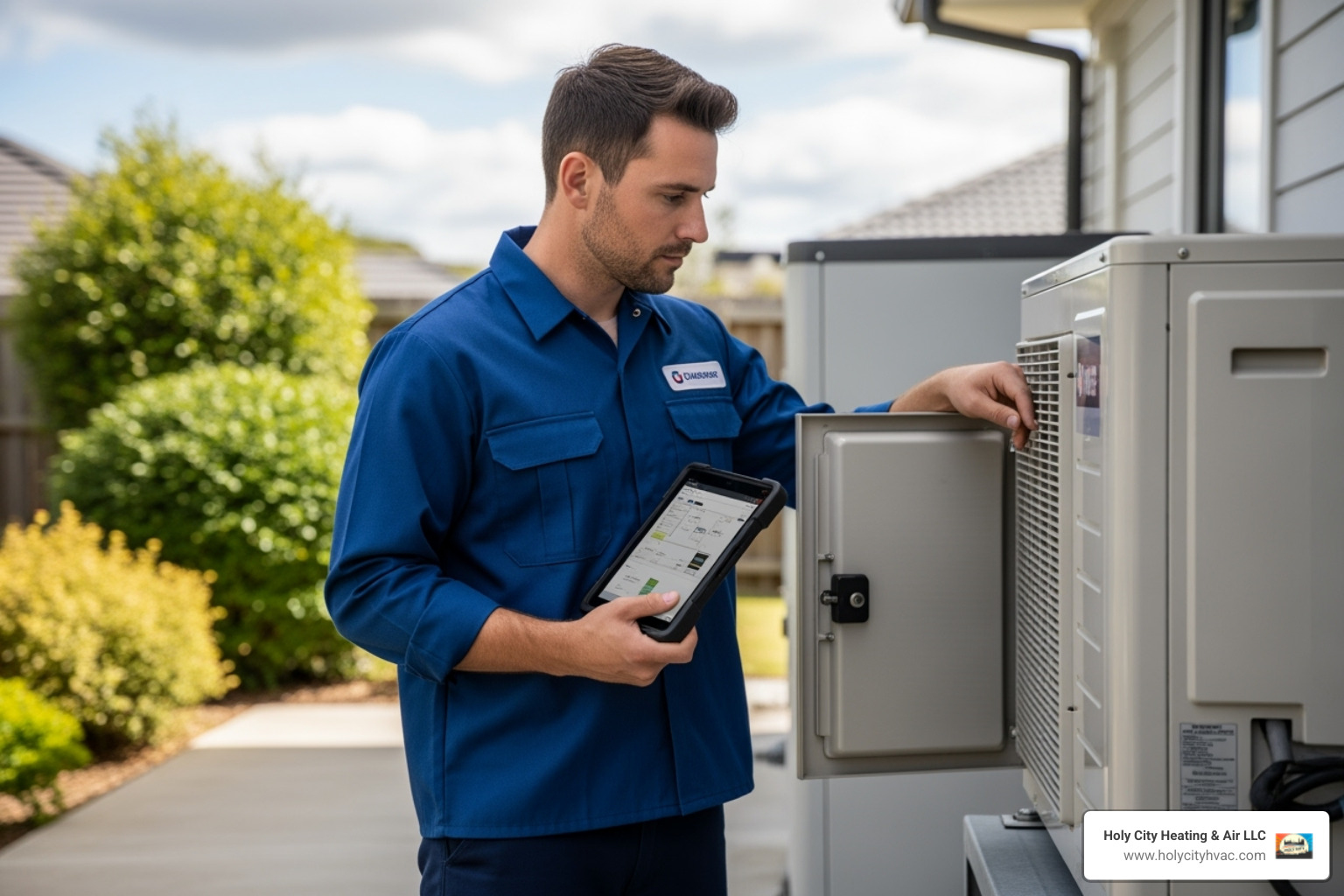 A professional HVAC technician wearing a uniform and holding a diagnostic tablet while inspecting the outdoor unit of a heat pump, with a focused expression. - heat pump repair summerville sc