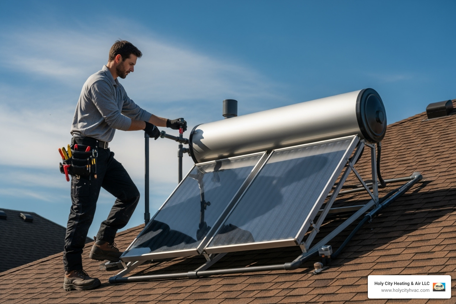 Technician working on a solar water heater system - solar hot water repairs near me