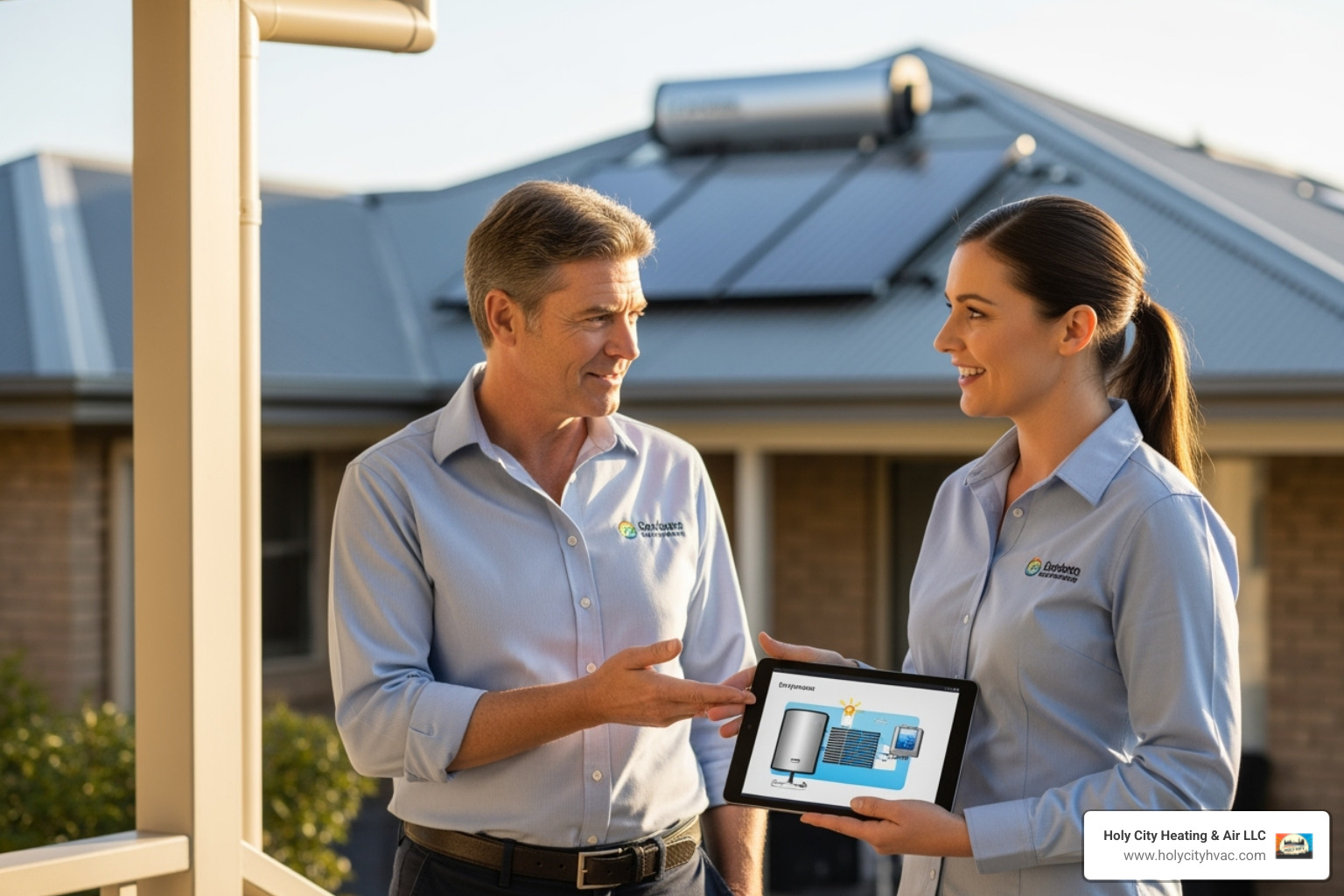 of a friendly technician talking to a homeowner - solar hot water repairs near me