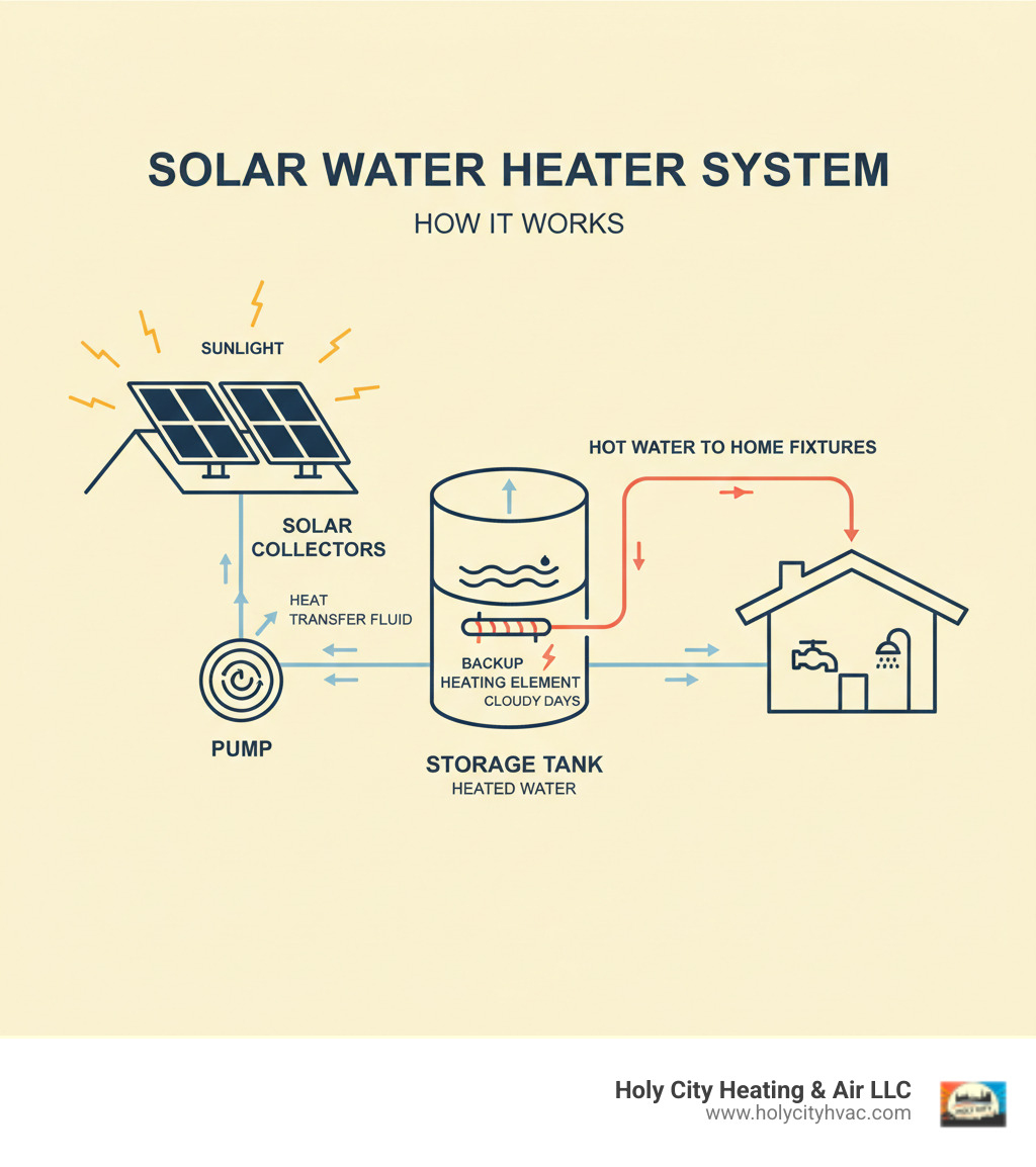 Infographic showing solar water heater system components and flow: solar collectors on roof absorbing sunlight, pump circulating heat transfer fluid, storage tank holding heated water, backup heating element for cloudy days, and pipes delivering hot water to home fixtures - solar hot water repairs near me infographic 