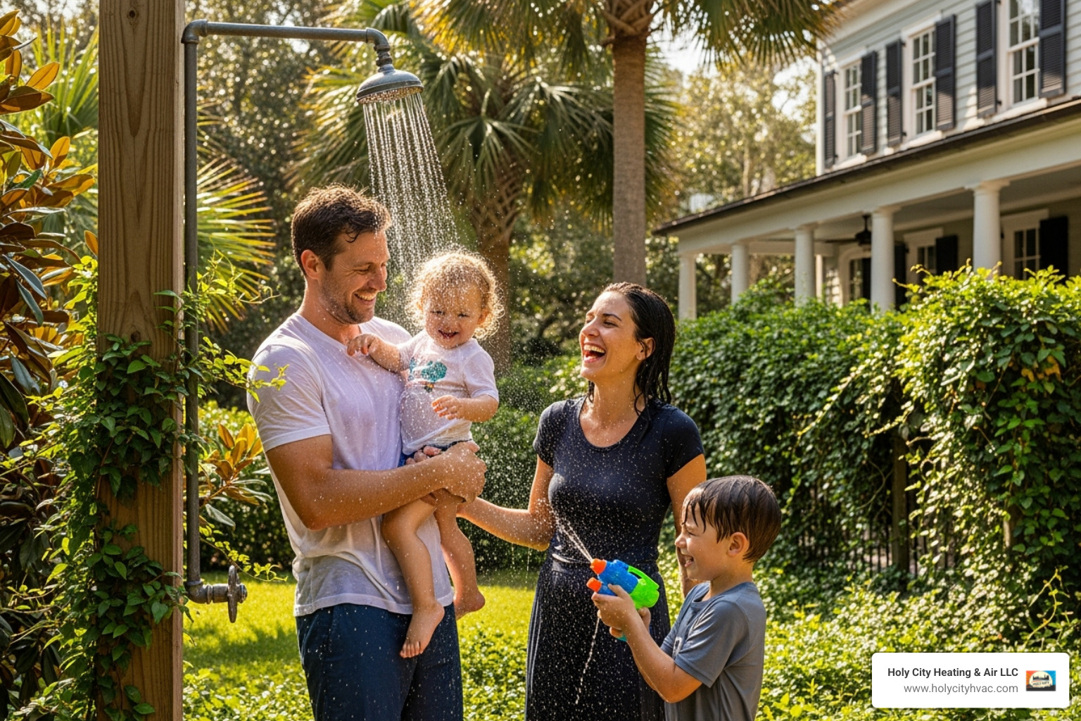 happy family using their new outdoor shower in a Charleston backyard - outdoor shower installation near me happy family using their new outdoor shower in a Charleston backyard - outdoor shower installation near me