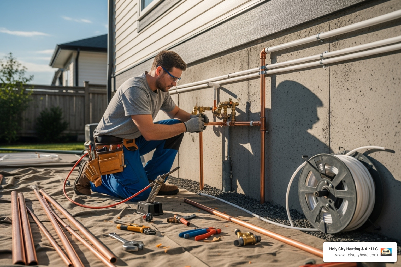 licensed plumber installing outdoor water lines against a house - outdoor shower installation near me licensed plumber installing outdoor water lines against a house - outdoor shower installation near me