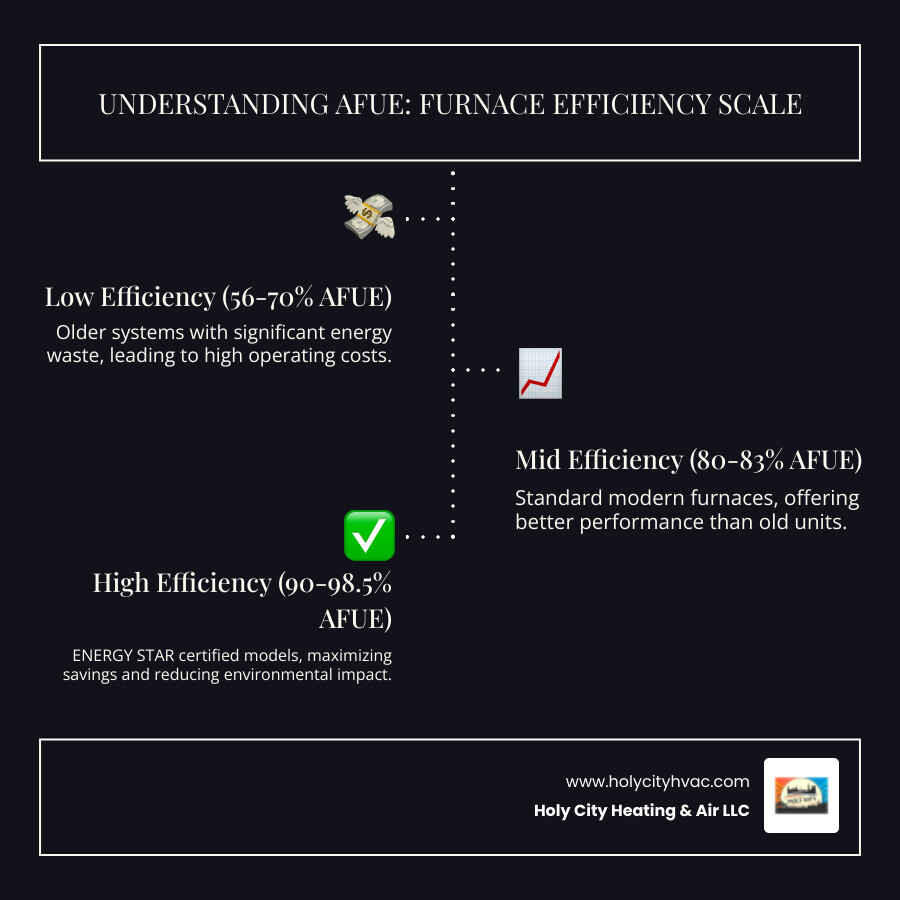 infographic showing AFUE efficiency rating scale from 56-70% for old low-efficiency furnaces, 80-83% for mid-efficiency, and 90-98.5% for high-efficiency models, with cost savings and environmental benefits increasing at higher ratings - energy efficient furnace kiawah infographic infographic-line-3-steps-dark infographic showing AFUE efficiency rating scale from 56-70% for old low-efficiency furnaces, 80-83% for mid-efficiency, and 90-98.5% for high-efficiency models, with cost savings and environmental benefits increasing at higher ratings - energy efficient furnace kiawah infographic infographic-line-3-steps-dark