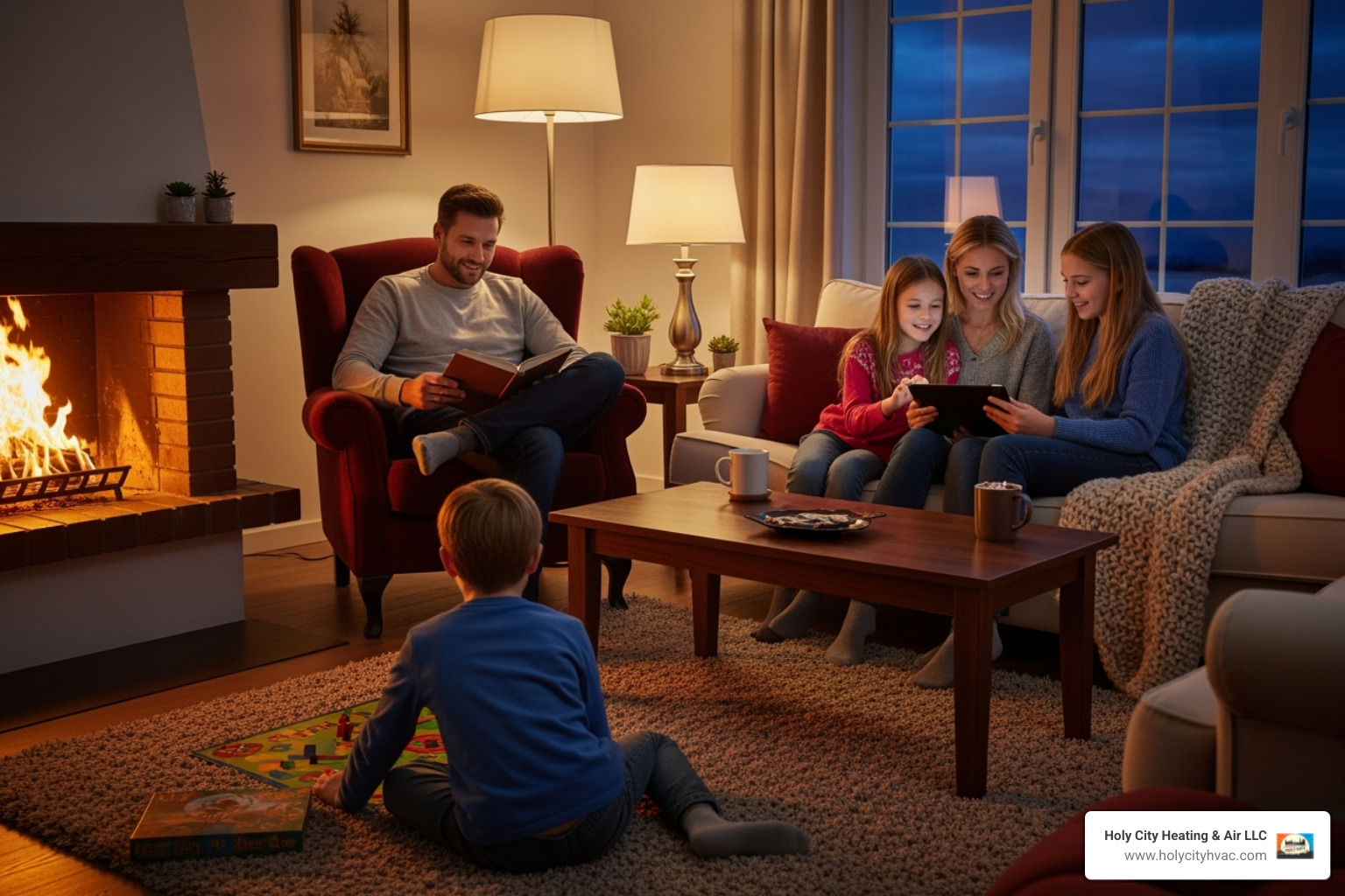 family enjoying a warm home during a cool evening - energy efficient furnace kiawah family enjoying a warm home during a cool evening - energy efficient furnace kiawah