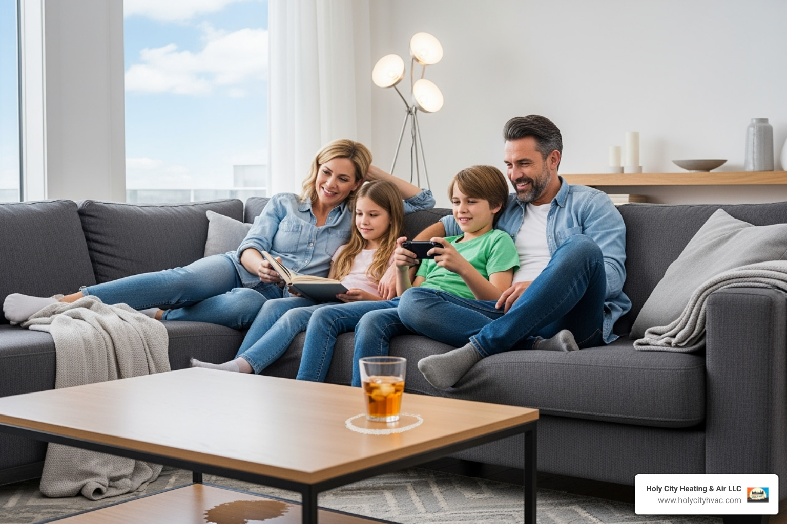 A family comfortably relaxing in a cool living room - residential ac maintenance