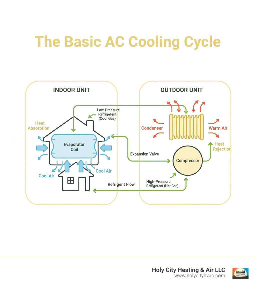 infographic showing the basic air conditioning cycle with labeled components including evaporator coil, condenser coil, compressor, and refrigerant flow through indoor and outdoor units, with arrows indicating cool air distribution inside and heat rejection outside - residential ac maintenance infographic 