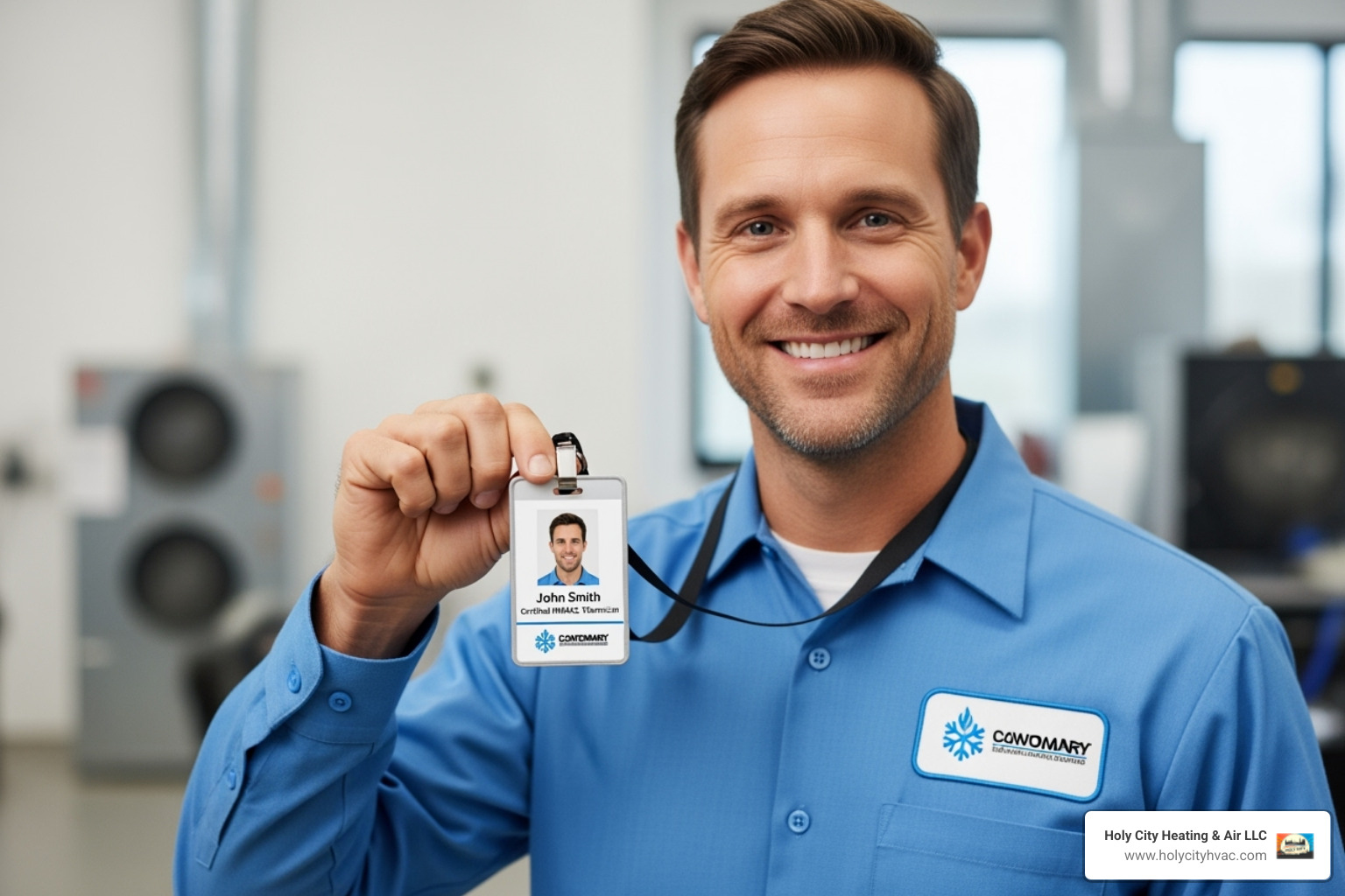 A professional HVAC technician in uniform, smiling and holding up a company ID badge - emergency furnace repair company