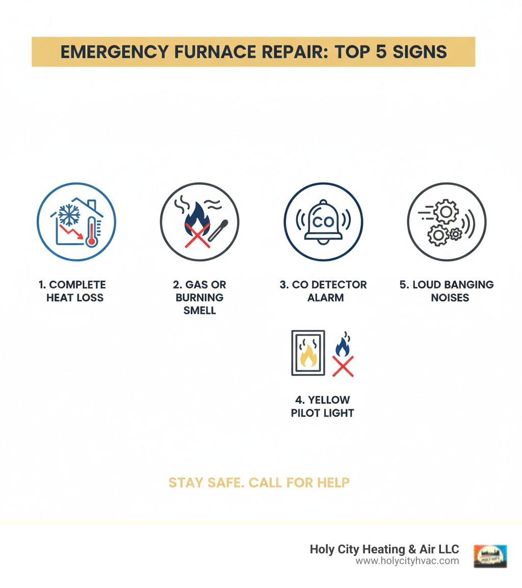Infographic showing the top 5 signs you need emergency furnace repair: 1. Complete loss of heat during freezing weather, 2. Strong gas or burning smell, 3. Carbon monoxide detector alarm sounding, 4. Yellow or flickering pilot light instead of blue, 5. Loud banging, scraping, or grinding noises - emergency furnace repair company infographic 