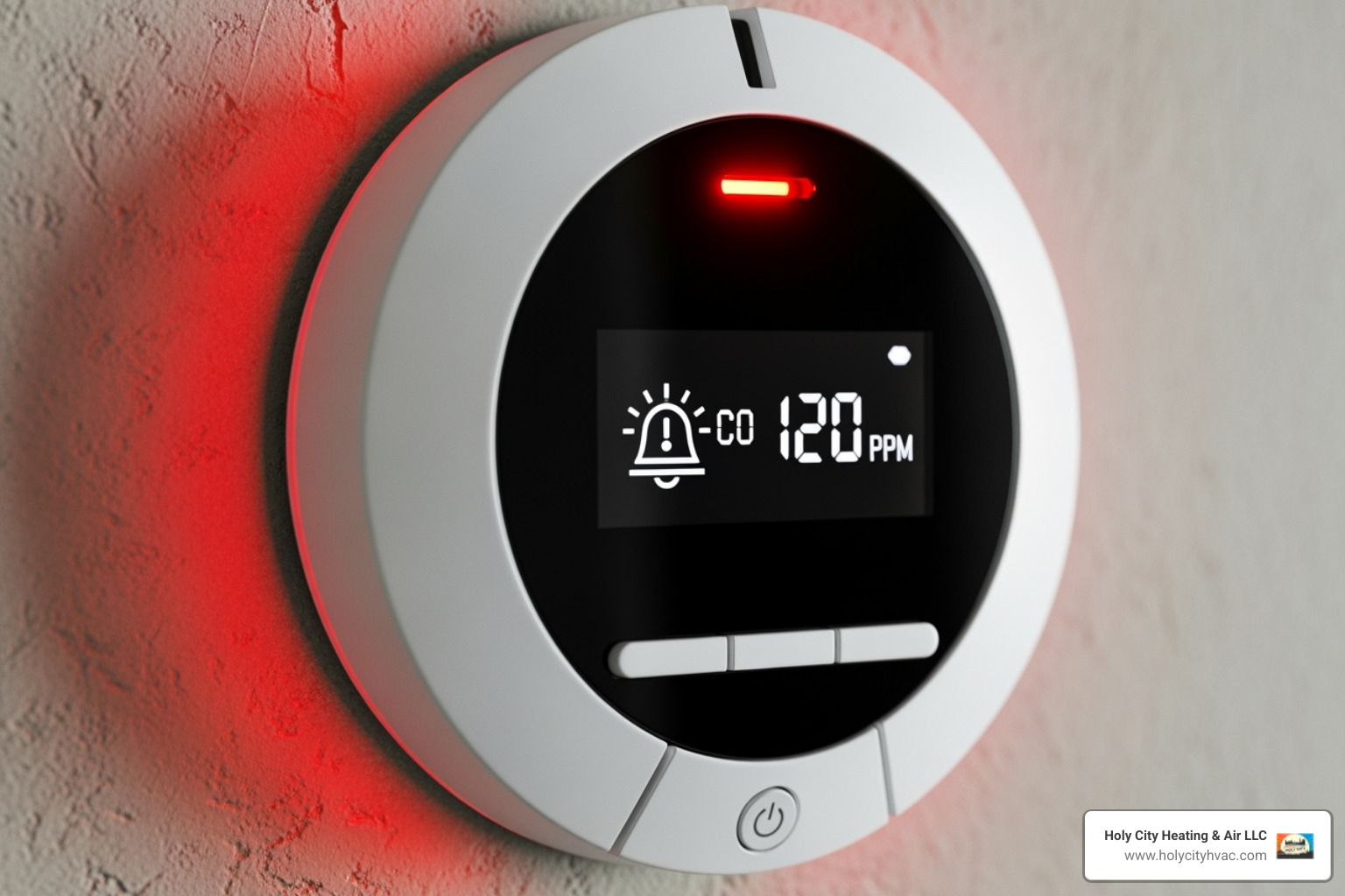 A carbon monoxide detector displaying an alert symbol and a red light, indicating an emergency - emergency furnace repair company