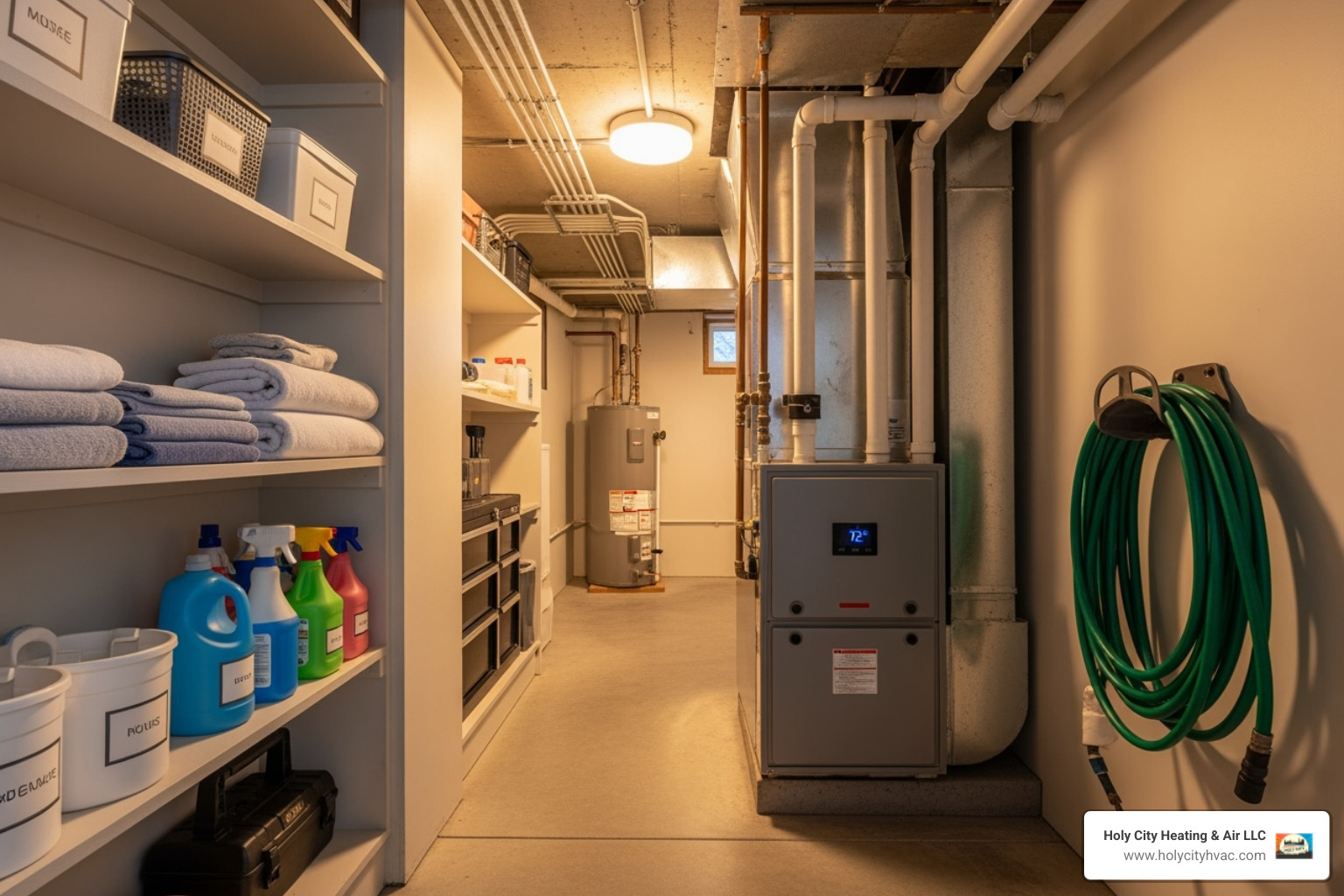 A clear, well-lit path leading to a furnace in a clean, organized utility closet or basement - emergency furnace repair company