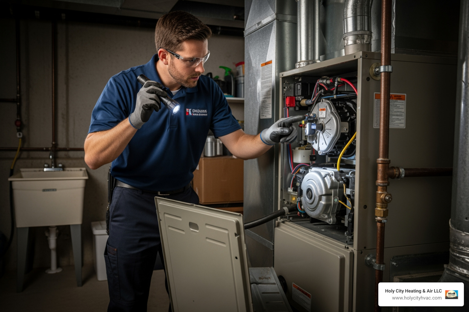Certified technician carefully inspecting a furnace unit - charleston furnace services Certified technician carefully inspecting a furnace unit - charleston furnace services