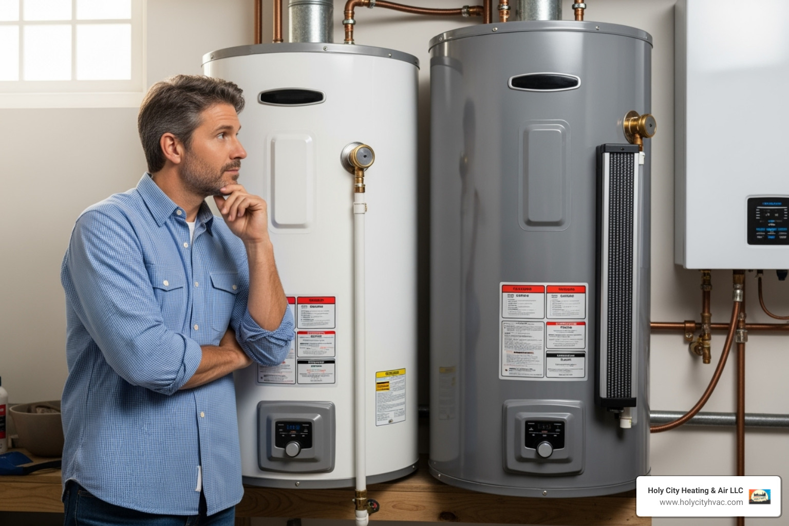 homeowner comparing water heater types - gas water heater plumber