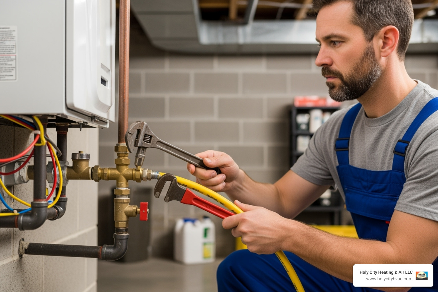 professional plumber working on a gas line - gas water heater plumber