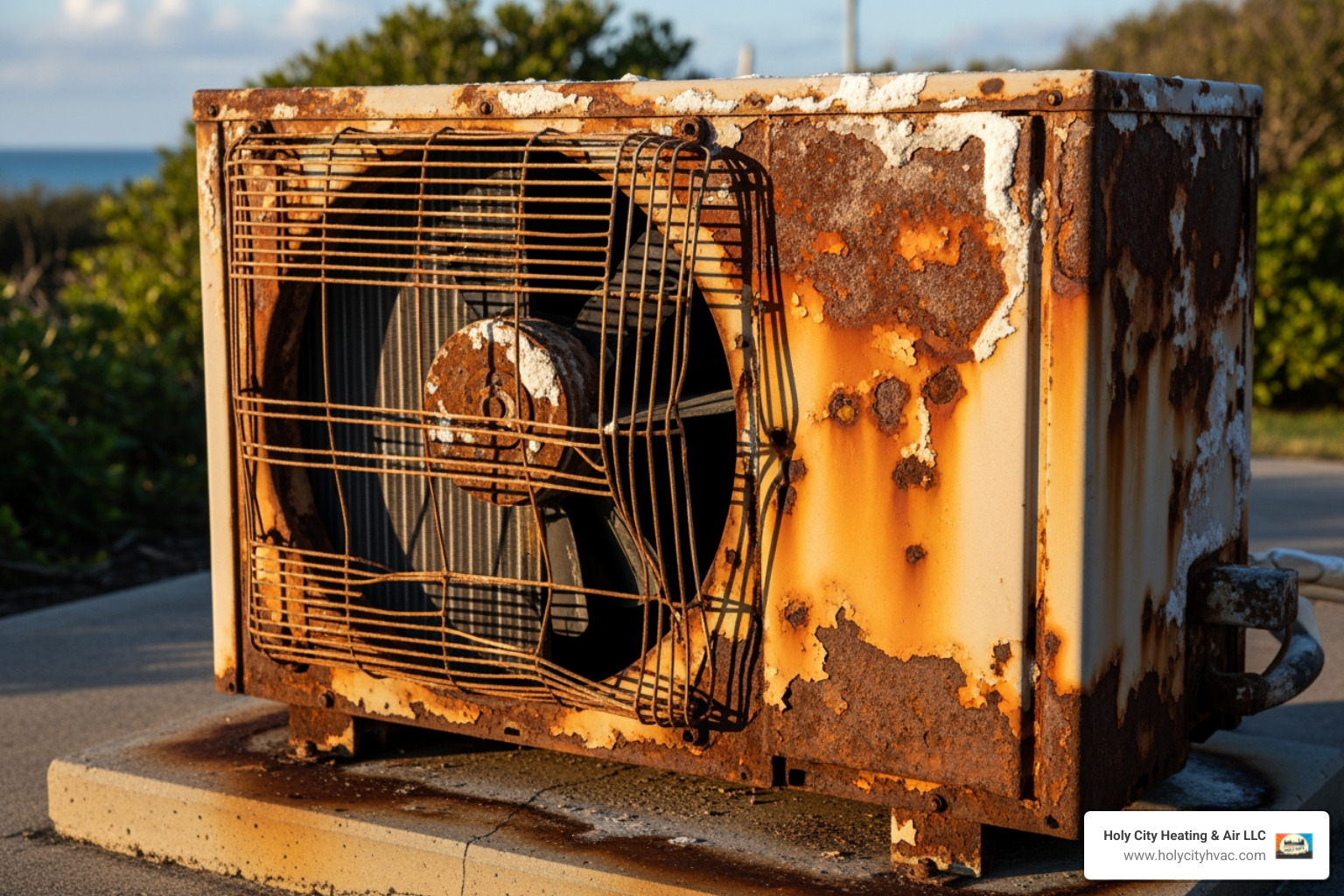 old, corroded outdoor heat pump unit showing signs of wear from salt air - heat pump replacement sullivans island old, corroded outdoor heat pump unit showing signs of wear from salt air - heat pump replacement sullivans island