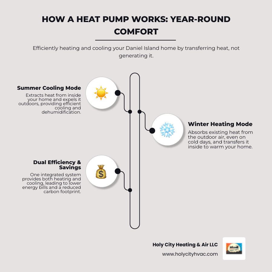 infographic showing how a heat pump transfers heat from outside air in winter to warm your home and reverses the process in summer to cool your home, with efficiency ratings and energy savings displayed for Daniel Island climate conditions - energy efficient heat pump daniel island infographic infographic-line-3-steps-elegant_beige infographic showing how a heat pump transfers heat from outside air in winter to warm your home and reverses the process in summer to cool your home, with efficiency ratings and energy savings displayed for Daniel Island climate conditions - energy efficient heat pump daniel island infographic infographic-line-3-steps-elegant_beige